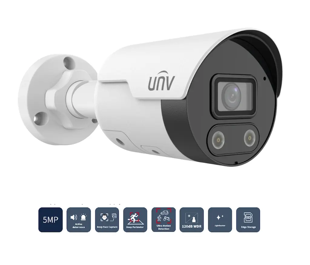 Camara IP Uniview 5Mpx 2.8mm IR30m MicroSD iA Intrusión Rostros Conteo Personas Alerta Audible PoE IP67 (IPC2125SB-ADF28KMC-I0)