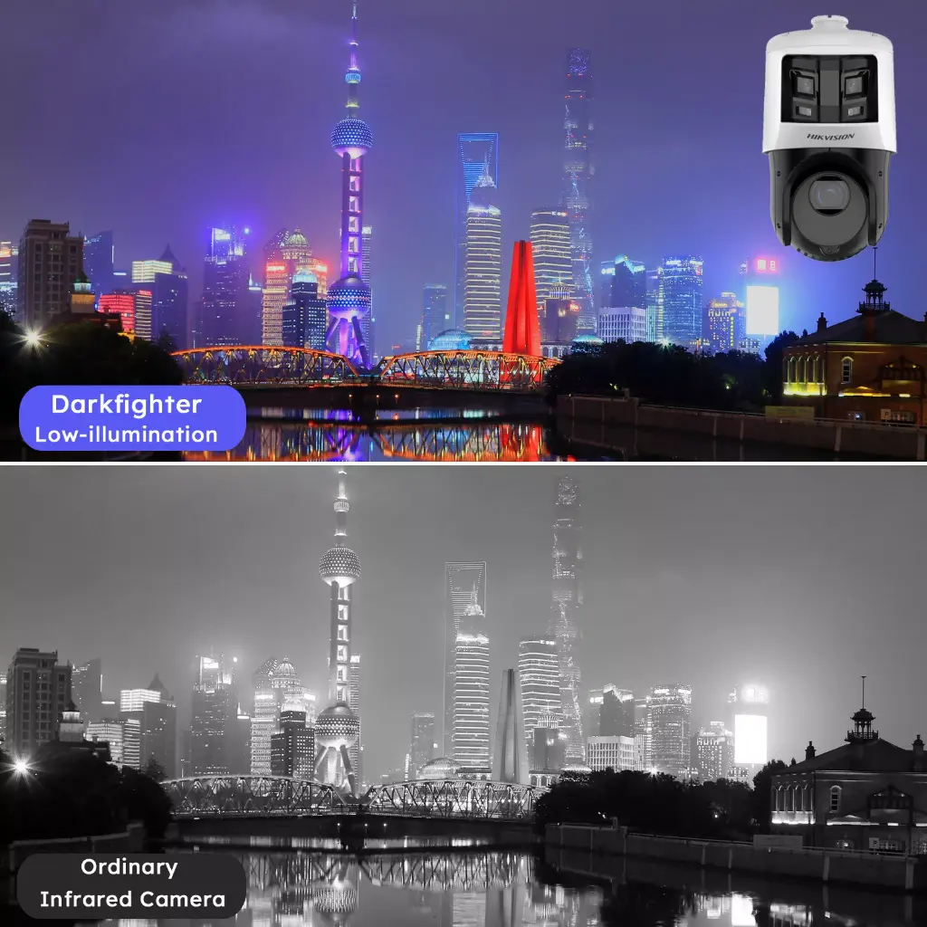 Domo PTZ IP Hikvision TandemVu Panoramica 180° 6MP+4MP 25x ColorVu IR100m Luz Blanca 30m iA Vehiculo/Humano IP66 PoE+ (DS-2SE4C425MWG-E/26F0)