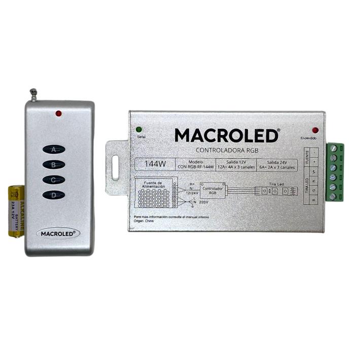 Controlador RGB radiofrecuencia Macroled 11 modos de iluminacion 12/24V (CON-RGB-RF-144W)
