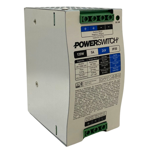 [DR-120W-24V] Fuente Powerswitch riel din gabinete metalico 24V 5A IP20 (DR-120W-24V)