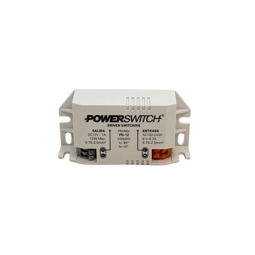 [PD-12W-12V] Fuente driver Powerswitch 12V 1A gabinete plastico IP20 con bornera (PD-12W-12V)